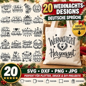 May include: A collection of 20 black graphic designs featuring German Christmas phrases and holiday motifs, including stars, hearts, and trees, displayed on a white background alongside a beige canvas tote bag with the text Weihnachtszeit ist Herzenszeit.