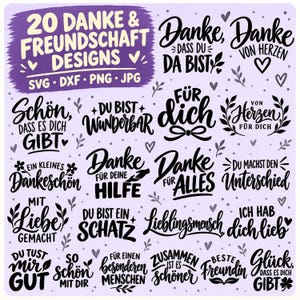 Könnte beinhalten: Eine Sammlung von 20 schwarzen Grafikdesigns auf hellviolettem Hintergrund mit deutschen Sprüchen über Freundschaft und Dankbarkeit. Der Text enthält Phrasen wie Danke, dass du da bist, Du bist wunderbar und Liebe gemacht, ergänzt durch kleine Herz-, Blatt- und Blumensymbole.