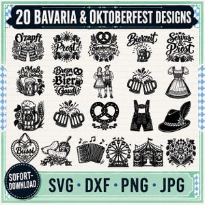 May include: A collection of 20 black and white digital graphic designs featuring Bavaria and Oktoberfest themes, including beer mugs, pretzels, traditional clothing, an accordion, a ferris wheel, and text elements like 20 BAVARIA & OKTOBERFEST DESIGNS.