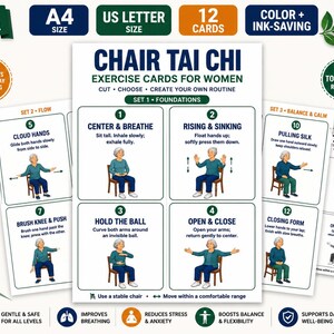 Könnte beinhalten: Ein Set aus 12 Tai-Chi-Übungskarten für den Stuhl mit Illustrationen einer Person, die Bewegungen im Sitzen ausführt. Die Karten enthalten schriftliche Anleitungen für Übungen wie Center & Breathe, Rising & Sinking und Hold the Ball.