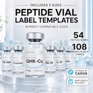 May include: A set of digital peptide vial label templates compatible with Niimbot printers. The graphic displays clear glass vials with silver caps, featuring text such as GHK-Cu, TB-500, Tirzepatide, SS-31, LL-37, and KPV. Includes 108 editable labels in Canva.