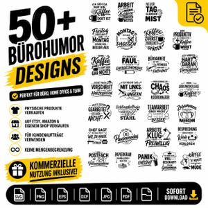 May include: A digital collection of over 50 black and white office humor graphic designs featuring German text phrases about work, coffee, and office life, presented in a grid layout with file format icons including SVG, PNG, EPS, DXF, JPG, and PDF.
