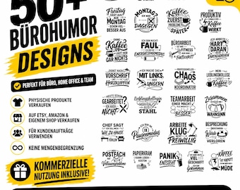 May include: A digital collection of over 50 black and white office humor graphic designs featuring German text phrases about work, coffee, and office life, presented in a grid layout with file format icons including SVG, PNG, EPS, DXF, JPG, and PDF.