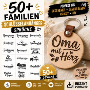 Puede incluir: Un llavero redondo de madera con una correa de cuero marrón y una anilla de metal, grabado con el texto en alemán 'Oma mit Herz'. La imagen muestra un catálogo digital de más de 50 frases y diseños familiares para grabado láser, Cricut y manualidades.