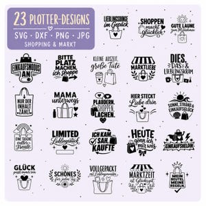 Könnte beinhalten: Eine Sammlung von 23 schwarzen Plotter-Designs auf hellviolettem Hintergrund mit verschiedenen Shopping-Sprüchen und Symbolen wie Tragetaschen, Herzen und Sonnen. Der Text enthält SVG, DXF, PNG, JPG und den Titel 23 PLOTTER-DESIGNS SHOPPING & MARKT.