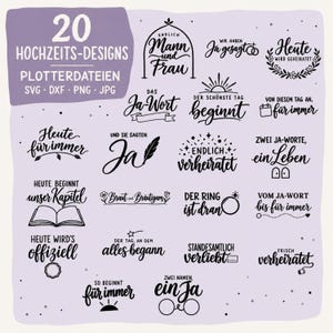 Può includere: Una collezione digitale di 20 disegni grafici a tema matrimonio, con testo nero su sfondo viola chiaro. Il set include varie frasi in tedesco come "Endlich Mann und Frau", "Heute wird geheiratet" e "Frisch verheiratet", accompagnate da icone come anelli, libri e fiori.