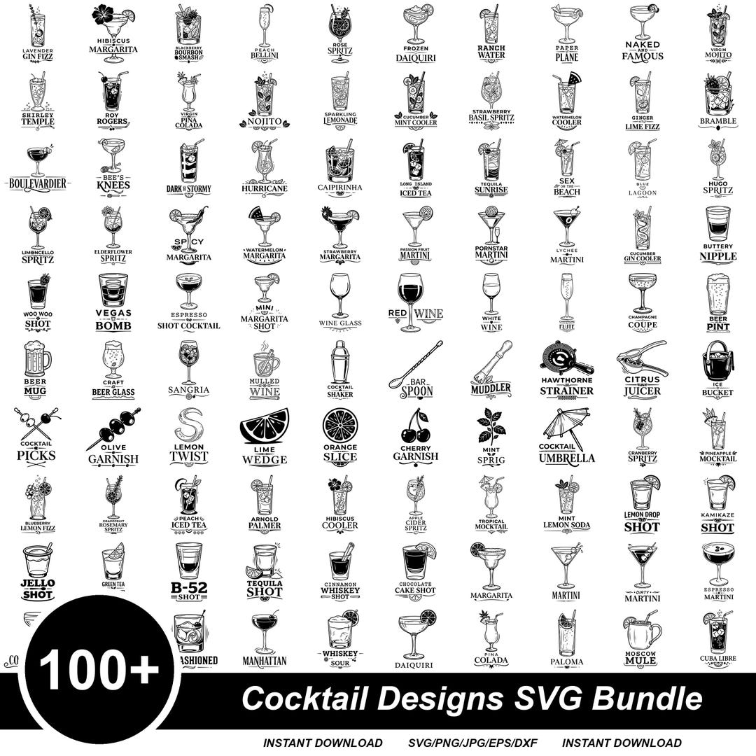 Cocktail SVG Bundle, 100+ Hand Drawn Drink Illustrations, Wedding Bar ...