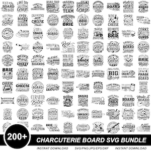 May include: A digital download bundle of over 200 charcuterie board-themed SVG files. The black and white designs include text like "Cheese Board," "Snack Board," and "Brie Board," perfect for crafting or creating themed party decorations.