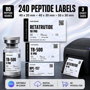 May include: A digital download set of 240 peptide labels in three sizes: 40x20mm, 40x30mm, and 50x30mm. The labels feature black text on a white background with a QR code, including fields for brand, peptide name, dosage, purity, lot, and expiration.