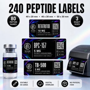 May include: A set of 240 peptide labels in three sizes: 40x20 mm, 40x30 mm, and 50x30 mm. The black labels feature a colorful abstract light design, a logo, QR code, and text including names like Retatrutide, BPC-157, and TB-500, plus dosage and purity details.