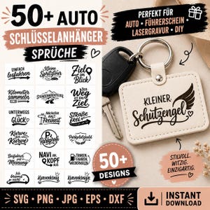 Könnte beinhalten: Eine digitale Sammlung von über 50 Schlüsselanhänger-Designs mit deutschen Sprüchen und Grafiken. Das Bild zeigt einen quadratischen, beigen Leder-Schlüsselanhänger mit dem Text Kleiner Schutzengel und einem Flügel-Symbol sowie einen Autoschlüssel.