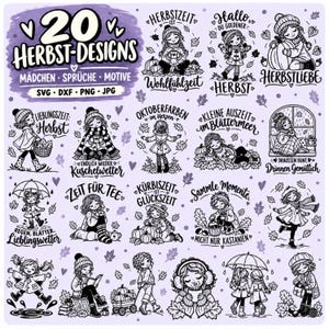 May include: A digital collection of 20 black and white autumn-themed graphic designs featuring illustrations of children in seasonal clothing, pumpkins, falling leaves, and German text phrases, presented as a set of SVG, DXF, PNG, and JPG files.