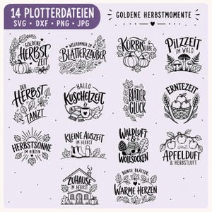 May include: A digital collection of 14 black and white graphic designs featuring autumn-themed illustrations and German text. The set includes motifs like pumpkins, mushrooms, leaves, apples, and cozy items, labeled as 14 PLOTTERDATEIEN SVG DXF PNG JPG.