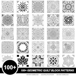 May include: A collection of over 100 geometric quilt block patterns in black and white. The patterns include various shapes and designs, such as stars, circles, and geometric shapes. The image also includes the text "100+ Geometric Quilt Block Patterns."