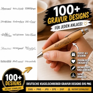 Op de afbeelding: Een digitale collectie van meer dan 100 graveerontwerpen voor balpennen, met diverse Duitse zinnen in gestileerde typografie. De set bevat bestandsformaten zoals SVG, PNG, JPG, EPS en DXF voor directe download en aanpassing.