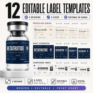 Op de afbeelding: Een digitale set van 12 bewerkbare labeltemplates voor flesjes, met drie ontwerpen in vier formaten: 38x14 mm, 40x20 mm, 40x30 mm en 50x30 mm. De labels bevatten de tekst Retatrutide 10 mg, Aurelis Laboratory, en velden voor lot, zuiverheid en opslag.