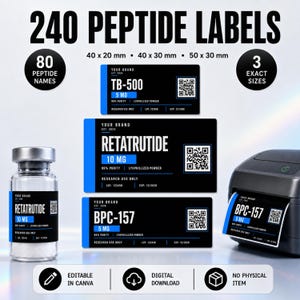 May include: A set of 240 peptide labels in three sizes: 40x20 mm, 40x30 mm, and 50x30 mm. The black and blue rectangular labels feature text including peptide names like TB-500, Retatrutide, and BPC-157, QR codes, purity, and lot information.