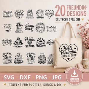 Puede incluir: Una colección de 20 diseños gráficos negros con texto en alemán e ilustraciones de corazones, flores y personas, exhibidos en una pared junto a una bolsa de tela beige impresa con el texto Beste Freundin, Größtes Glück.