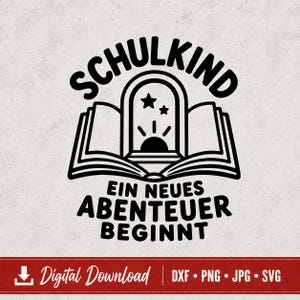 Op de afbeelding: Een zwart grafisch ontwerp op een lichte achtergrond met een open boek en een boogvenster in het midden. Boven het boek staat de tekst SCHULKIND en eronder de tekst EIN NEUES ABENTEUER BEGINNT. Het ontwerp bevat sterren en een zon.