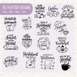 May include: A collection of 15 black and white digital plotter designs featuring autumn-themed illustrations and German text phrases. The graphics include pumpkins, leaves, sweaters, umbrellas, coffee cups, books, hearts, envelopes, and armchairs.