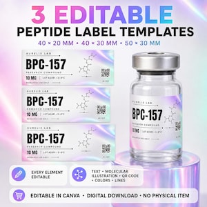 Może przedstawiać: Trzy edytowalne szablony etykiet peptydowych o wymiarach 40x20 mm, 40x30 mm i 50x30 mm, zawierające tekst Aurelis Lab, BPC-157, Research Compound, 10 mg, Lot A2451, 2-8°C i Research Use Only oraz szklaną fiolkę z pasującą etykietą.