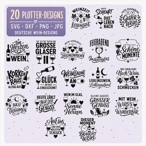 May include: A collection of 20 black graphic plotter designs featuring wine-themed illustrations and German text. The set includes various phrases, wine glasses, bottles, and decorative elements like hearts, stars, and moons, presented on a light background.