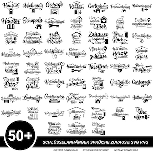 May include: A collection of over 50 black and white digital graphic designs featuring German phrases related to home, keys, and entryways, including icons of houses, keys, doors, and hearts, presented in a grid layout for digital download.