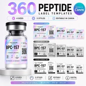 Könnte beinhalten: Eine digitale Produktanzeige mit 360 Peptid-Etikettenvorlagen, die in Canva bearbeitbar sind. Das Bild zeigt ein Glasfläschchen mit einem holografischen BPC-157-Etikett sowie drei Stile: holografisches Pastell, Silberchrom und sauberes Thermodruck-Schwarzweiß.
