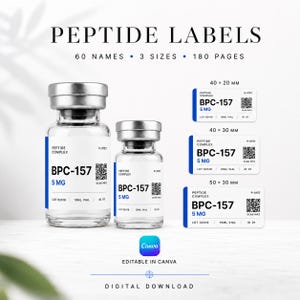 Modello di etichetta per peptidi, etichette minimaliste per fiale cliniche modificabili su Canva, stile laboratorio, 60 nomi, 3 dimensioni, etichette per peptidi modificabili NIIMBOT