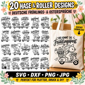 Puede incluir: Una colección digital de 20 diseños gráficos en blanco y negro que muestran conejos montando scooters con texto en alemán, exhibidos sobre un fondo blanco junto a una bolsa de tela beige impresa con uno de los diseños de conejo y scooter.