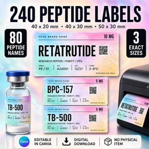 Może przedstawiać: Zestaw 240 etykiet na peptydy w trzech rozmiarach: 40x20mm, 40x30mm i 50x30mm. Etykiety mają akwarelowe tło, czarny tekst i kod QR. Zawiera szklaną fiolkę z etykietą, drukarkę oraz informację o 80 nazwach peptydów.