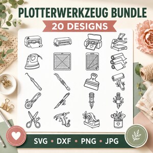 Może przedstawiać: Cyfrowy zestaw plików zatytułowany PLOTTERWERKZEUG BUNDLE 20 DESIGNS zawierający dwadzieścia czarno-białych ikon narzędzi rzemieślniczych, w tym plotery tnące, prasy termiczne, haczyki, nożyczki i ostrza. Formaty plików SVG, DXF, PNG i JPG są wymienione na dole.