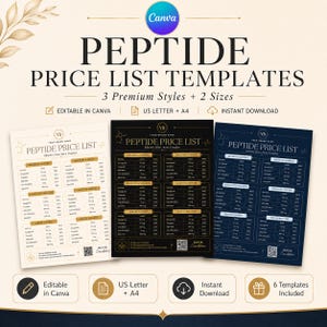 May include: Three digital peptide price list templates in cream, black, and navy blue. Each document features a grid layout with categories like metabolic support and recovery, including text fields for peptide names, dosages, and prices.