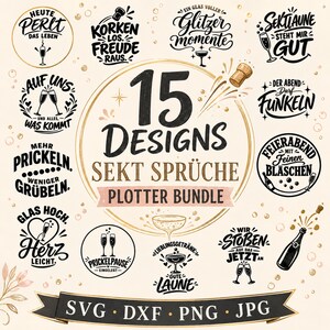 15 Sekt Sprüche Plotterdateien SVG DXF PNG Jpg | Untersetzer & Sektgläser | Deutsche Feier Designs Digitaler Download, sparkling wine