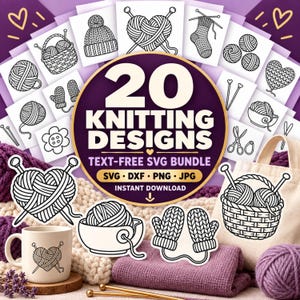 Può includere: Un pacchetto digitale di 20 disegni per maglieria con illustrazioni in bianco e nero di gomitoli, ferri, muffole e cestini. Il grafico circolare centrale mostra il testo 20 KNITTING DESIGNS TEXT-FREE SVG BUNDLE.