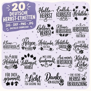 May include: A digital collection of 20 German autumn-themed labels featuring black typography and seasonal icons like pumpkins, leaves, and mushrooms on a light purple background. The text includes phrases such as Hallo Herbst, Kürbiszeit, and Danke.