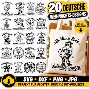 Può includere: Una collezione di 20 disegni natalizi in bianco e nero con schiaccianoci, pupazzi di neve e testo festivo, mostrati accanto a una borsa in tela beige stampata con un'illustrazione di uno schiaccianoci e il testo Ein kleines Stück Weihnachtszauber.