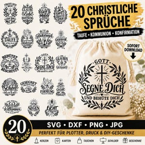 May include: A digital collection of 20 black and white Christian-themed graphic designs featuring crosses, doves, and German text, displayed on a beige drawstring bag and as a list of individual icons with file formats SVG, DXF, PNG, and JPG.