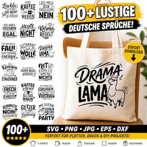 Puede incluir: Una bolsa de tela blanca con un gráfico negro de una llama con gafas de sol y el texto Drama Lama. La imagen muestra una colección de más de 100 frases en alemán con tipografía negra, incluyendo los formatos de archivo SVG, PNG, JPG, EPS y DXF.