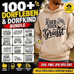 Könnte beinhalten: Ein beigefarbener Kapuzenpullover mit einem schwarzen Grafikdruck, der WO JEDER JEDEN GRÜSST und ein Handsymbol zeigt. Das Bild präsentiert ein digitales Paket mit über 100 dörflichen Motiven in den Formaten SVG, PNG, JPG, EPS und DXF zum Download.