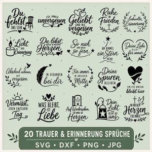 May include: A collection of 20 black graphic designs featuring German memorial phrases, including text like Du fehlst uns sehr, Geliebt und nie vergessen, and Dein Licht bleibt bei uns, arranged in a grid on a light green background with file formats listed.