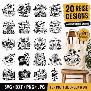 May include: A collection of 20 black travel-themed graphic designs featuring airplanes, globes, mountains, cameras, and suitcases, displayed alongside a beige canvas tote bag printed with a globe and the text Fernweh im Herzen.