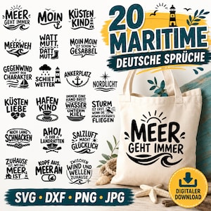 Maritieme SVG bundel Deutsch, 20 Küsten Sprüche Plotterdateien, Moin Meerweh Nordlicht, grappige Duitse maritieme woorden SVG
