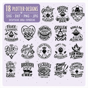 May include: A collection of 18 black and white digital plotter designs featuring German barbecue-themed typography and illustrations of grills, sausages, and cooking tools, labeled with the text 18 PLOTTER-DESIGNS SVG DXF PNG JPG.
