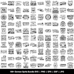 May include: A collection of over 100 German Spritz-themed designs in SVG, PNG, EPS, DXF, and JPG formats. The designs feature various phrases and illustrations related to the popular cocktail, perfect for crafting projects.