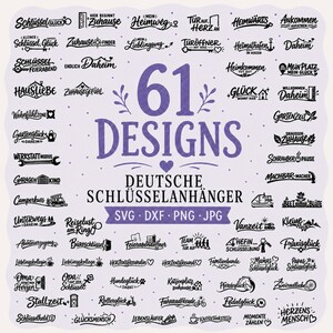 61 Schlüsselanhänger Plotterdateien Deutsch SVG DXF PNG Jpg Bundle, Plotter file key chain, felt pendant, German sayings