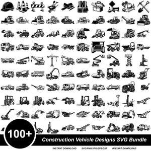 Puede incluir: Una colección de más de 100 iconos vectoriales en blanco y negro que representan diversos vehículos de construcción, maquinaria pesada y equipos de obra, incluyendo excavadoras, grúas, camiones volquete y carretillas elevadoras, etiquetada como Construction Vehicle Designs SVG Bundle.