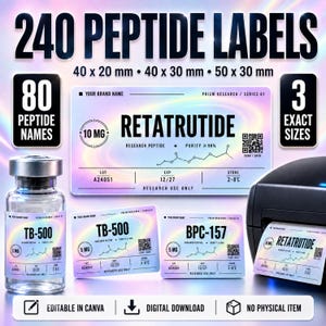 Puede incluir: Un conjunto de descarga digital de 240 etiquetas de péptidos en tres tamaños: 40x20mm, 40x30mm y 50x30mm. Las etiquetas holográficas incluyen texto como Retatrutide, TB-500, BPC-157, 10mg, 5mg, pureza 99%, números de lote y códigos QR.