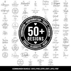 May include: A digital design bundle featuring over 50 designs for First Communion, Confirmation, and Baptism. Includes various text-based graphics with floral and heart accents, ready for Cricut and Silhouette machines.