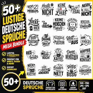 May include: A digital collection of 50+ German phrases in black typography on a white background. The graphic includes various sarcastic slogans like 'Keine Lust', 'Kaffee statt Kontakt', and 'Vorsicht Sarkasmus' arranged in a grid for design projects.